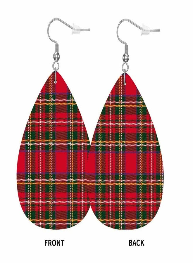 TKS MITLAN Tartan Plaid Teardrop Double-sided Leather Earrings Traditional Red Black Green Scottish Christmas New Year Decor for Women Fashion and Valentine Birthday Party Gift - Image 3